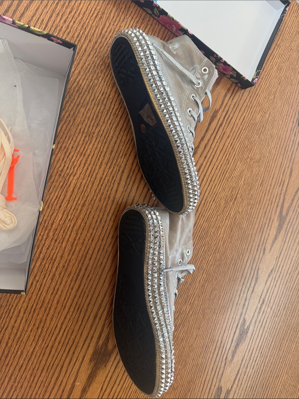Metallic Taupe High-Top Sneakers with Crystal Stud Detailing - Picture 4 of 8